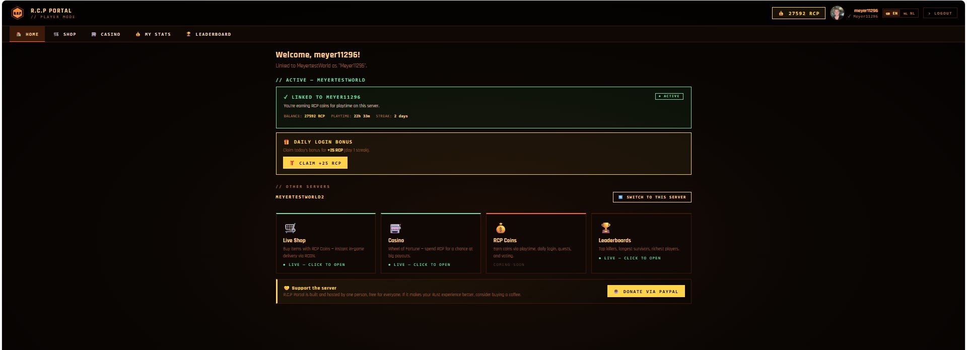 Player portal home with RCP coin balance, playtime, streak and daily login bonus