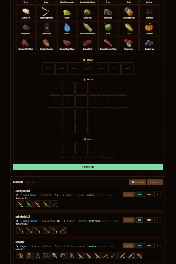 Kit builder with item catalog, wear/main/belt slots and kit list