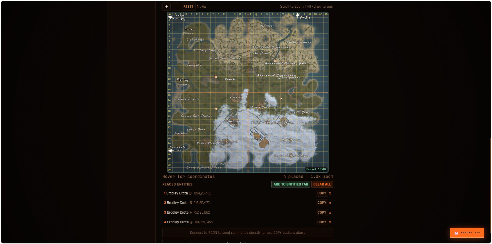 Interactive map with the real Rust grid and placed entities
