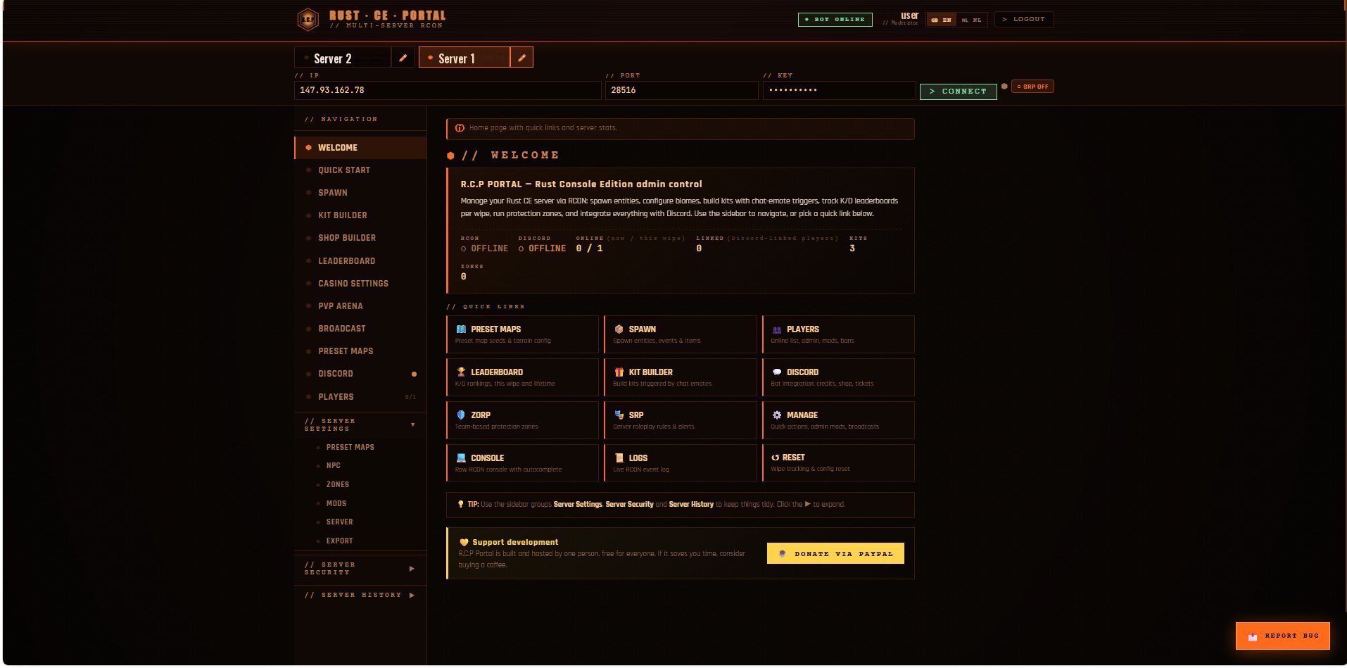 R.C.P portal welcome dashboard with multiple server tabs