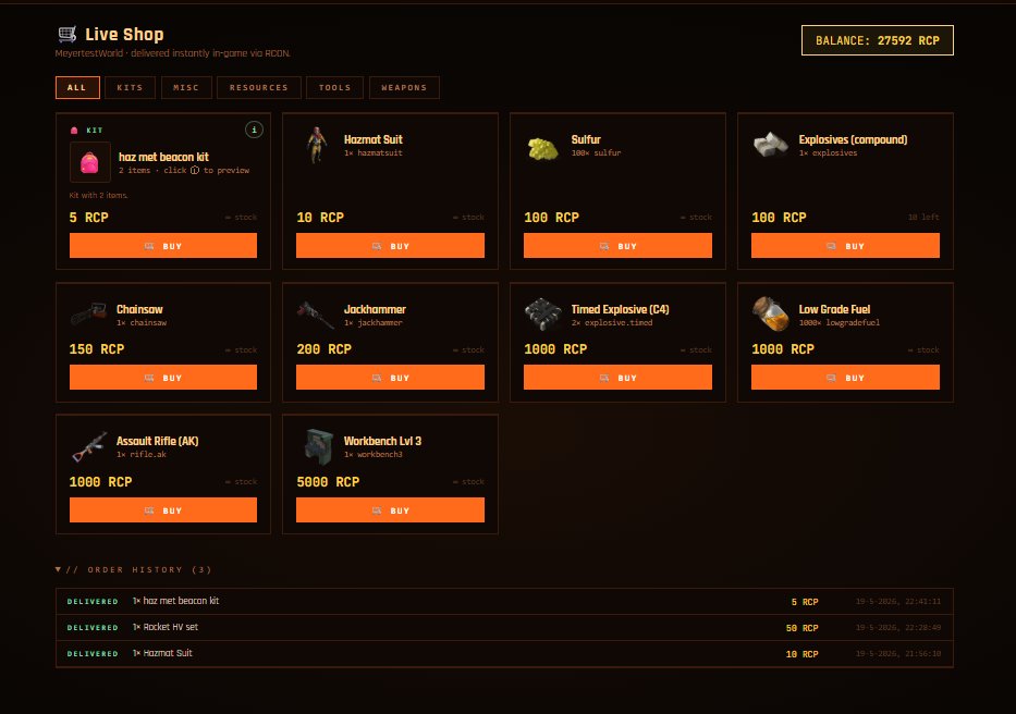 Live shop with items, buy buttons and order history